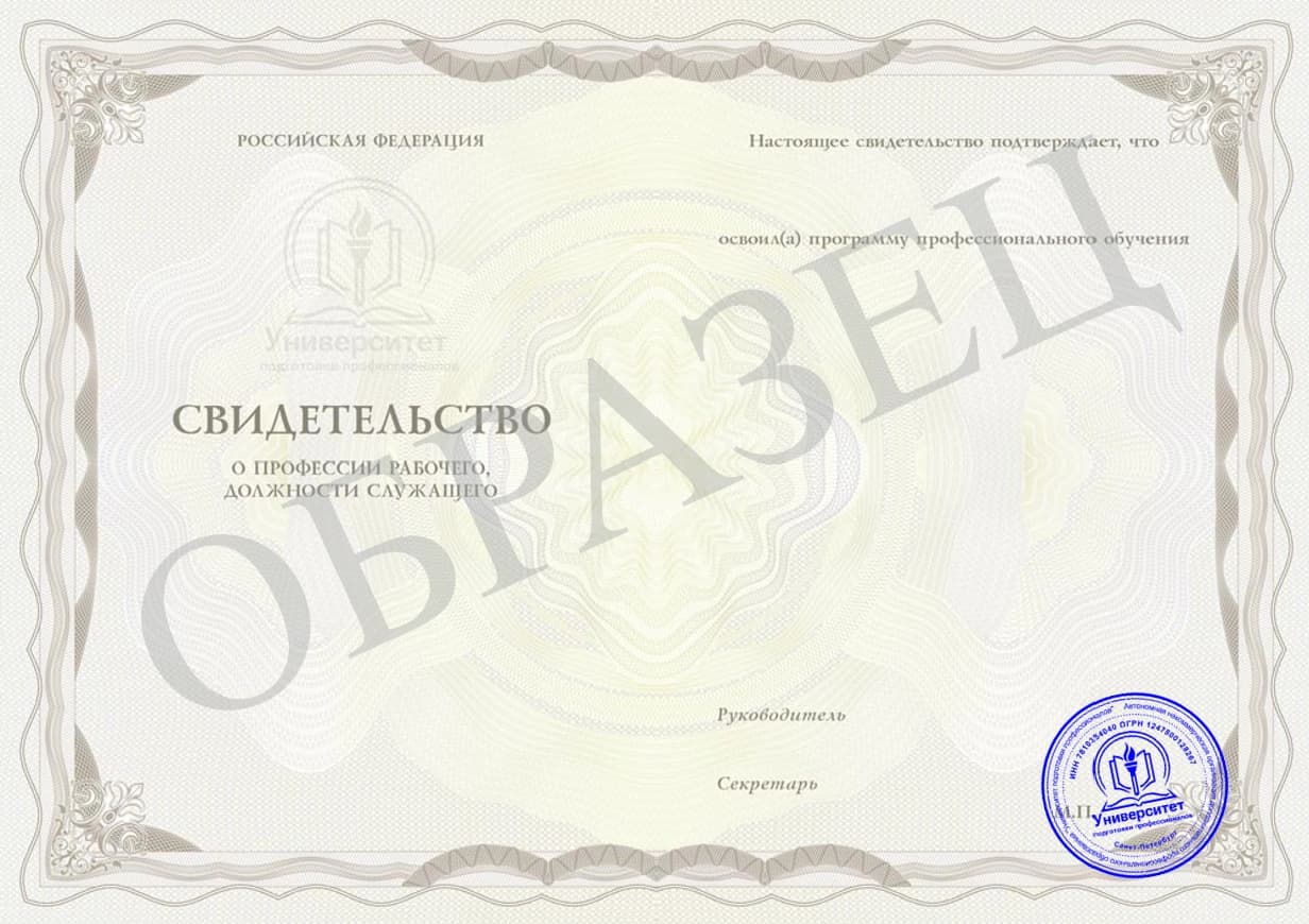 Образец Свидетельство о профессии рабочего, должности служащего 2